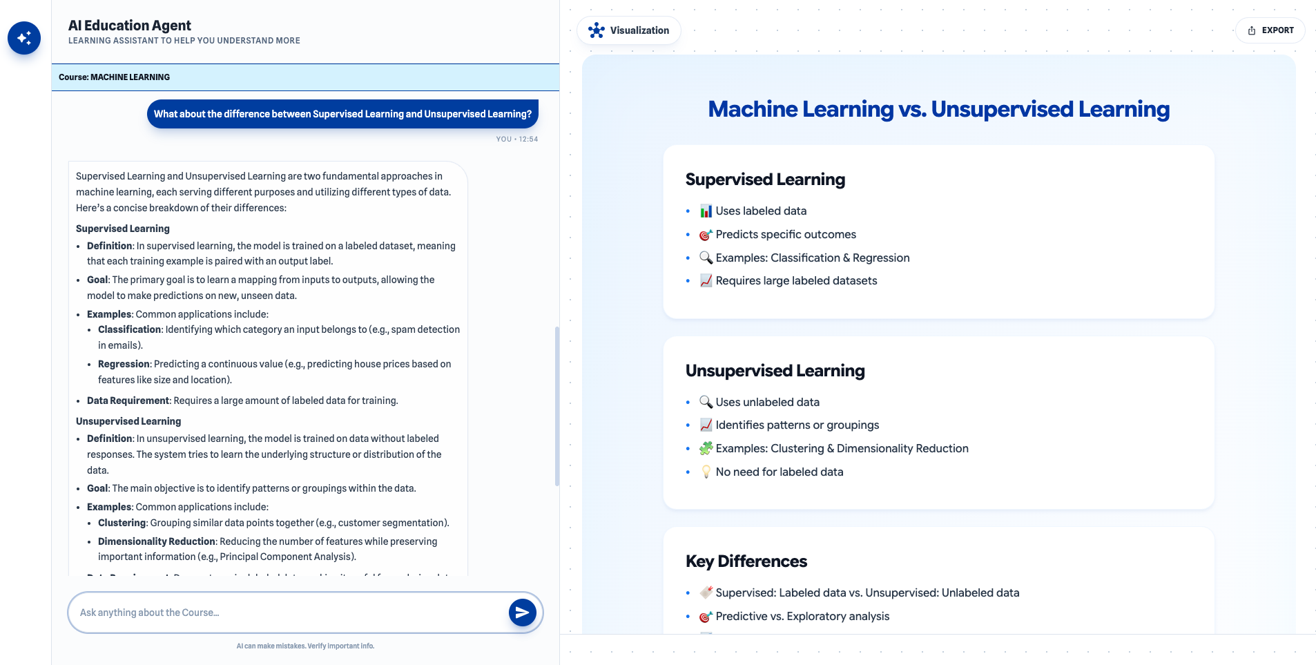The AI Education Agent app: a chat conversation on the left and a generated slide on the right