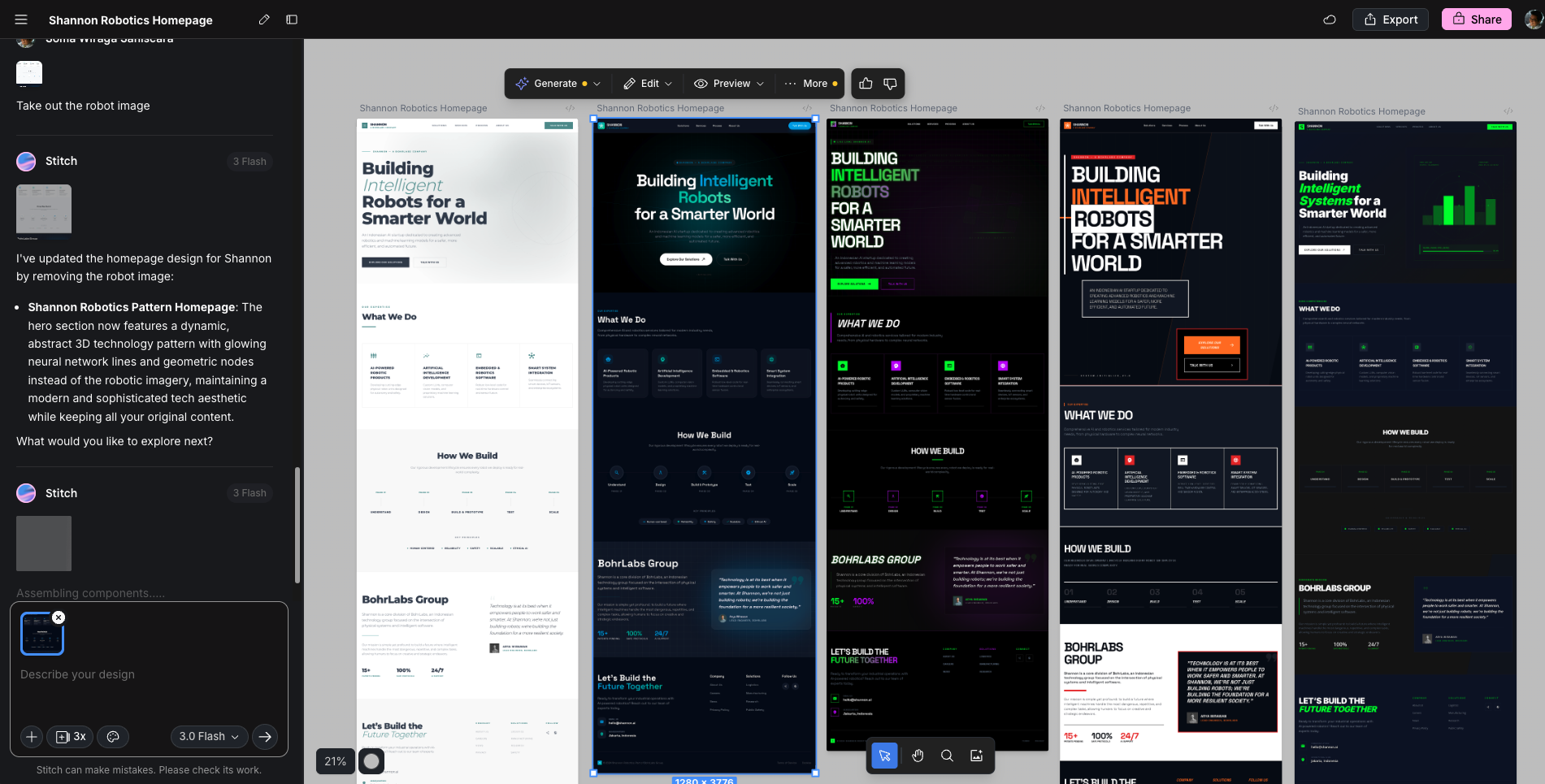 Google Stitch generating several landing page design alternatives